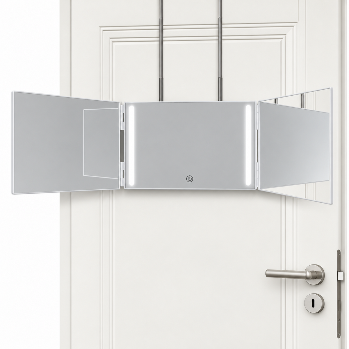 White tri-fold LED mirror opened on a door with its three adjustable panels
