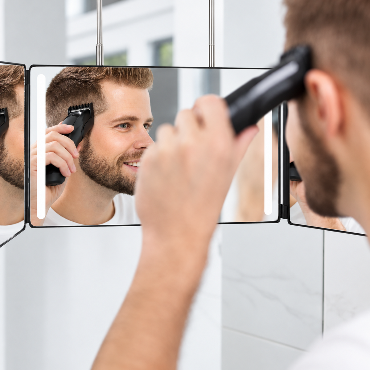 Tri-fold LED mirror used to check the sides of a hairstyle; trimmer not included