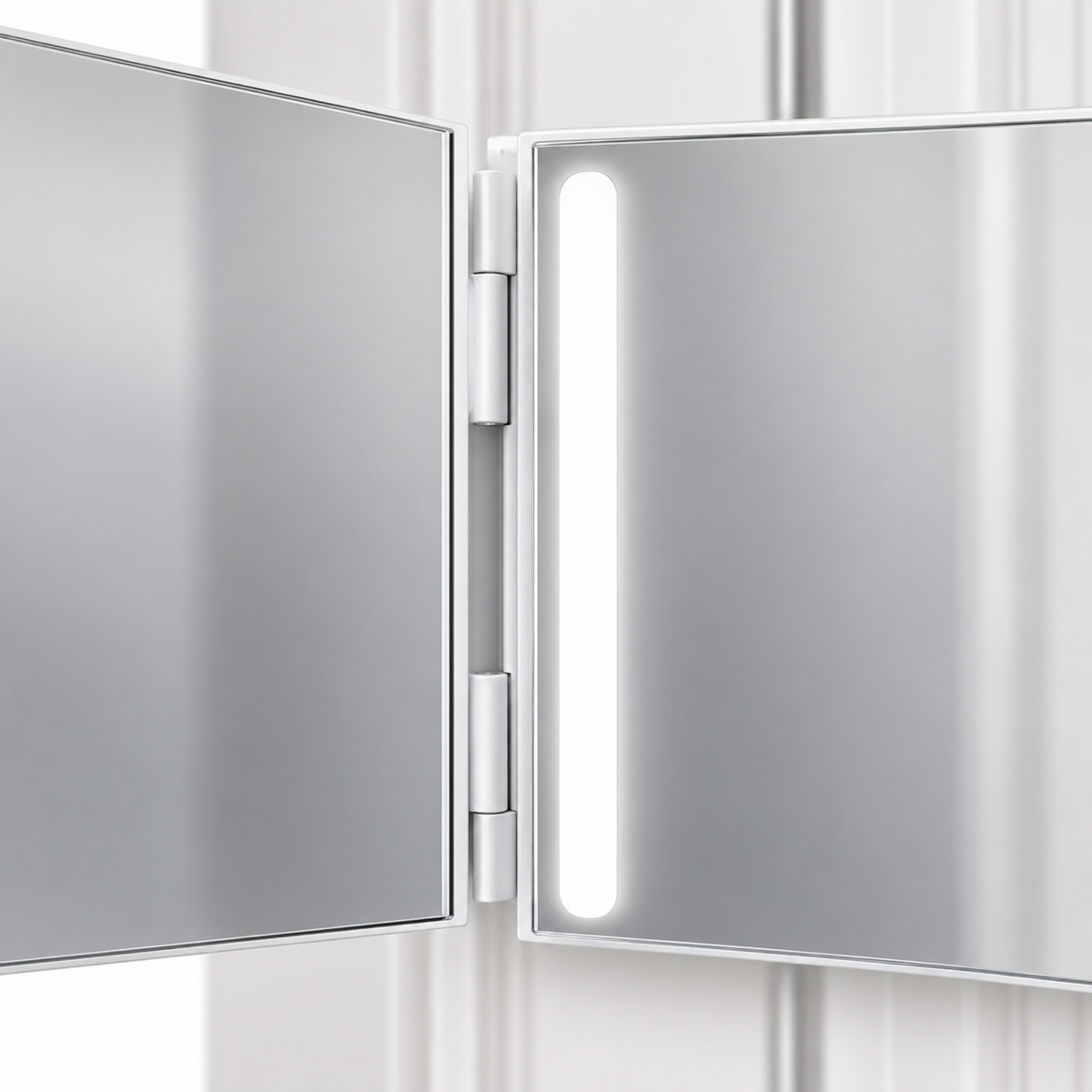 Close-up of the white tri-fold mirror panel hinges and LED light bar