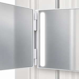 Close-up of the white tri-fold mirror panel hinges and LED light bar
