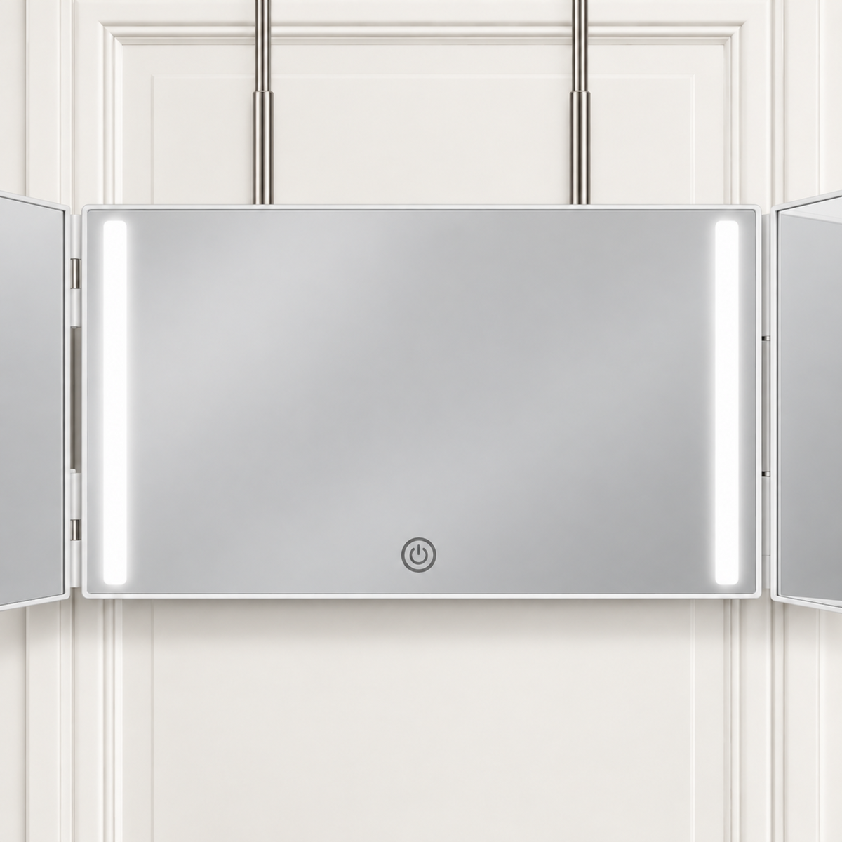 Central panel of the tri-fold mirror showing both LED light bars and the touch control