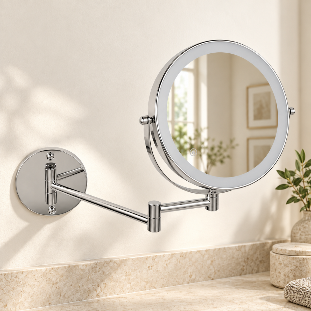 Chrome wall-mounted LED mirror above a neutral stone vanity