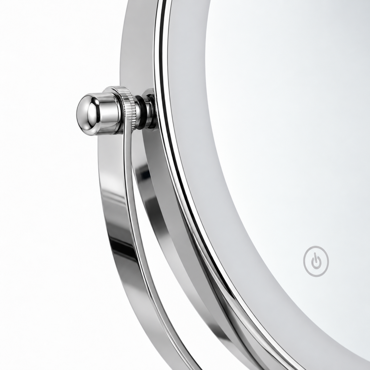 Detail of the mirror rim, side pivot knob and curved support