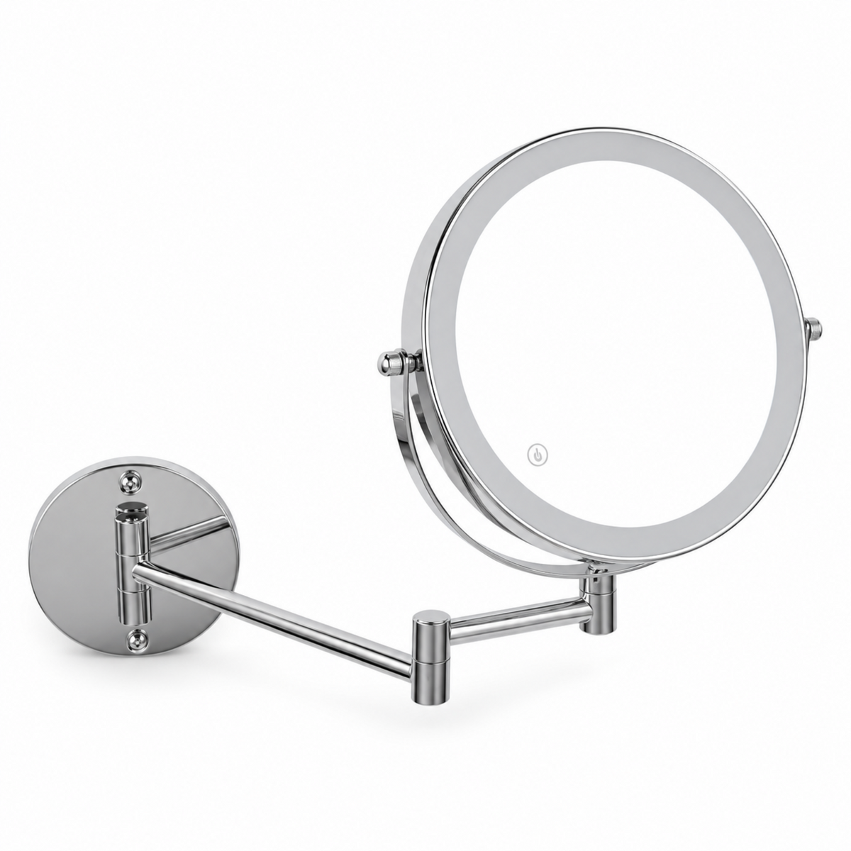Chrome wall-mounted LED makeup mirror with folding arm on a white background