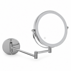 Chrome wall-mounted LED makeup mirror with folding arm on a white background