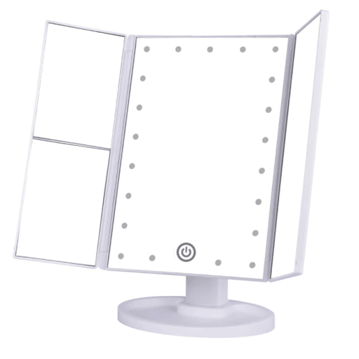 LED Makeup Vanity Mirror 1X 2X 3X 10X Magnification Tri Fold Adjustable Stand Dimmable - Beautyic.co.uk