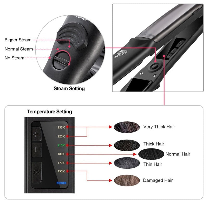 Professional Steam Hair Straightener Ceramic Vapor Hair Flat Iron Seam Hair Straightening Iron Curler Steamer Hair Styling Tool - Beautyic.co.uk