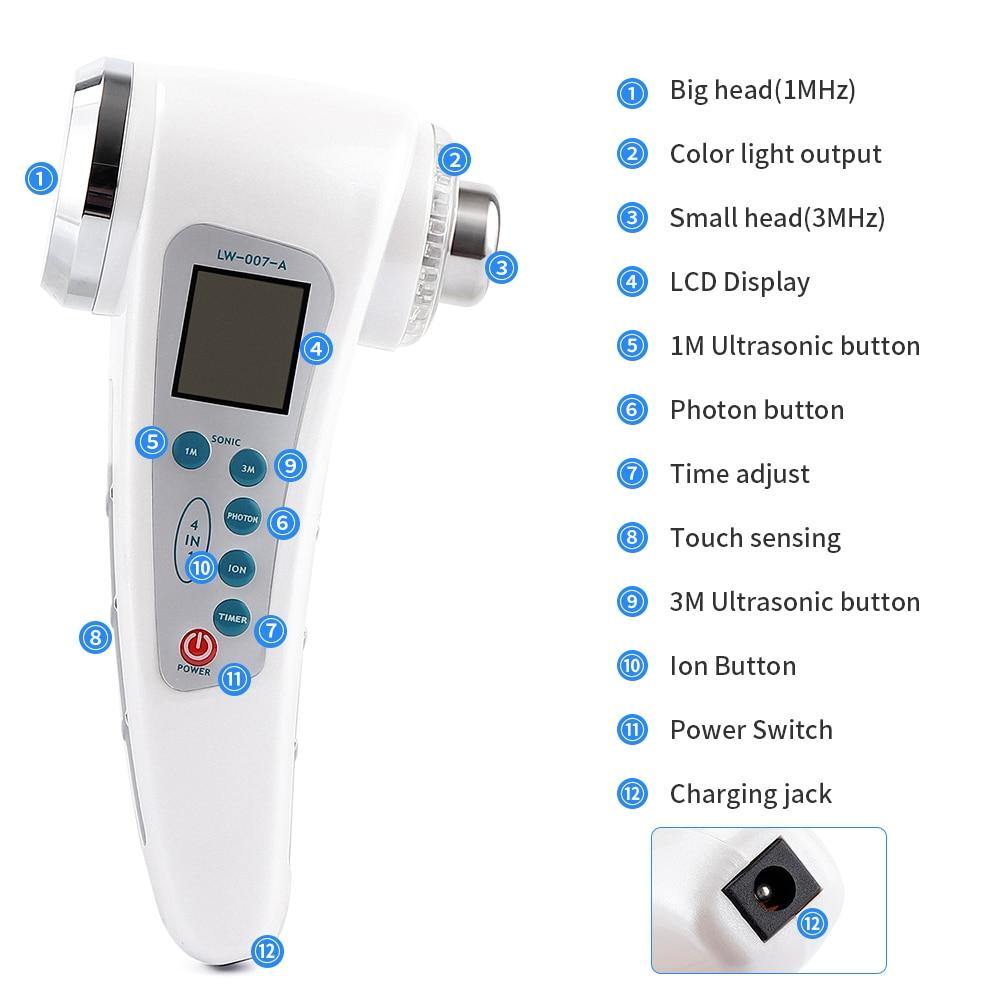 4 in 1 3Mhz Ultrasonic Galvanic Ion Photon Face Massager Skin Care Beauty Device - Beautyic.co.uk